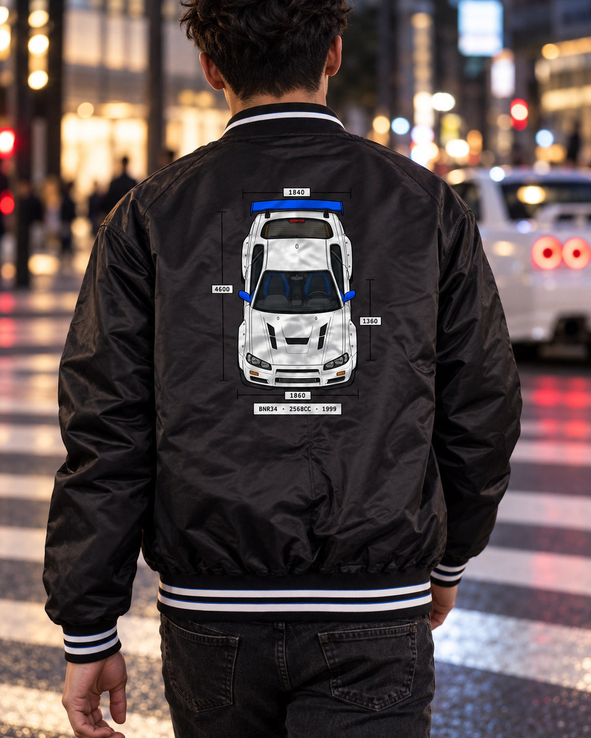 R34 GT-R BNR34 Spec Sheet Data Plate print Shirt Bomber Jacket Black worn hero
