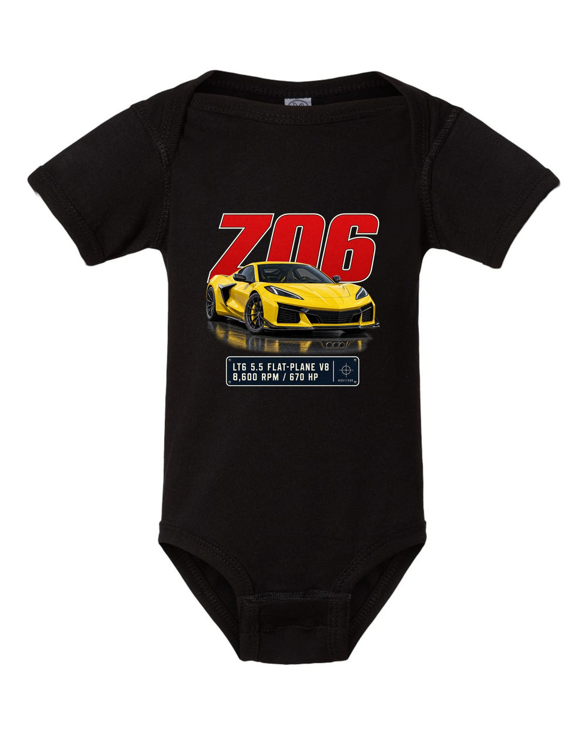 Editorial headline print of a yellow Chevrolet Corvette C8 Z06 black baby onesie front view with the design