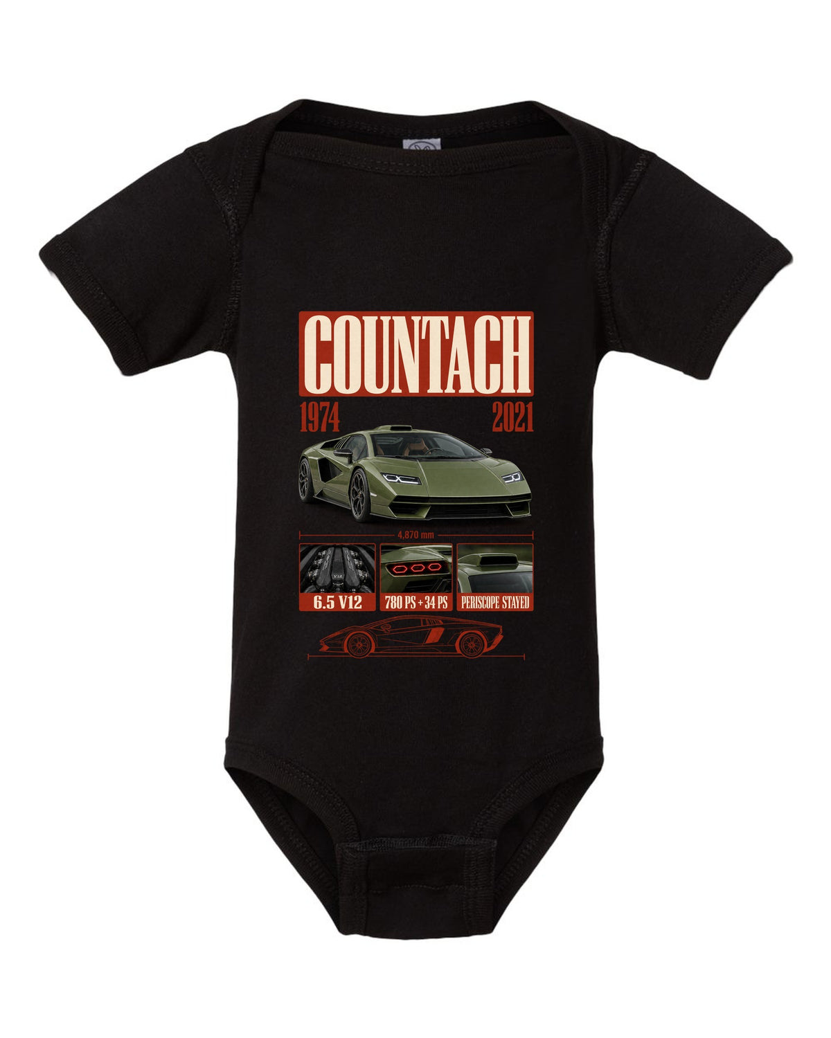 Lamborghini Countach LPI 800-4 archive panel print covering 1974 to 2021 with V12 specs black baby onesie front view with the design