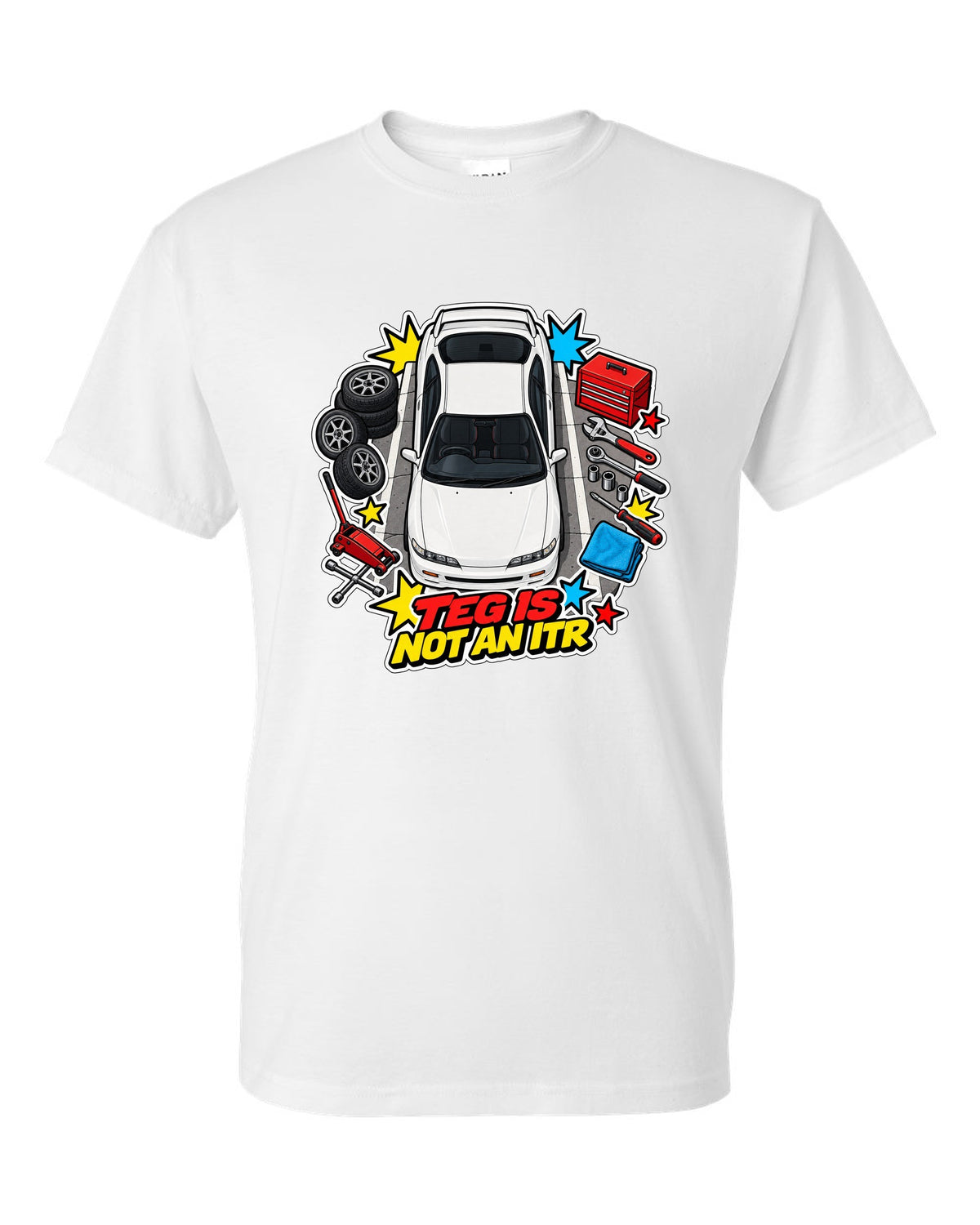 Retro Showa catalogue ad style print of a 2002 Honda Integra DC5 ch with K20A six speed text white t-shirt front view with the design