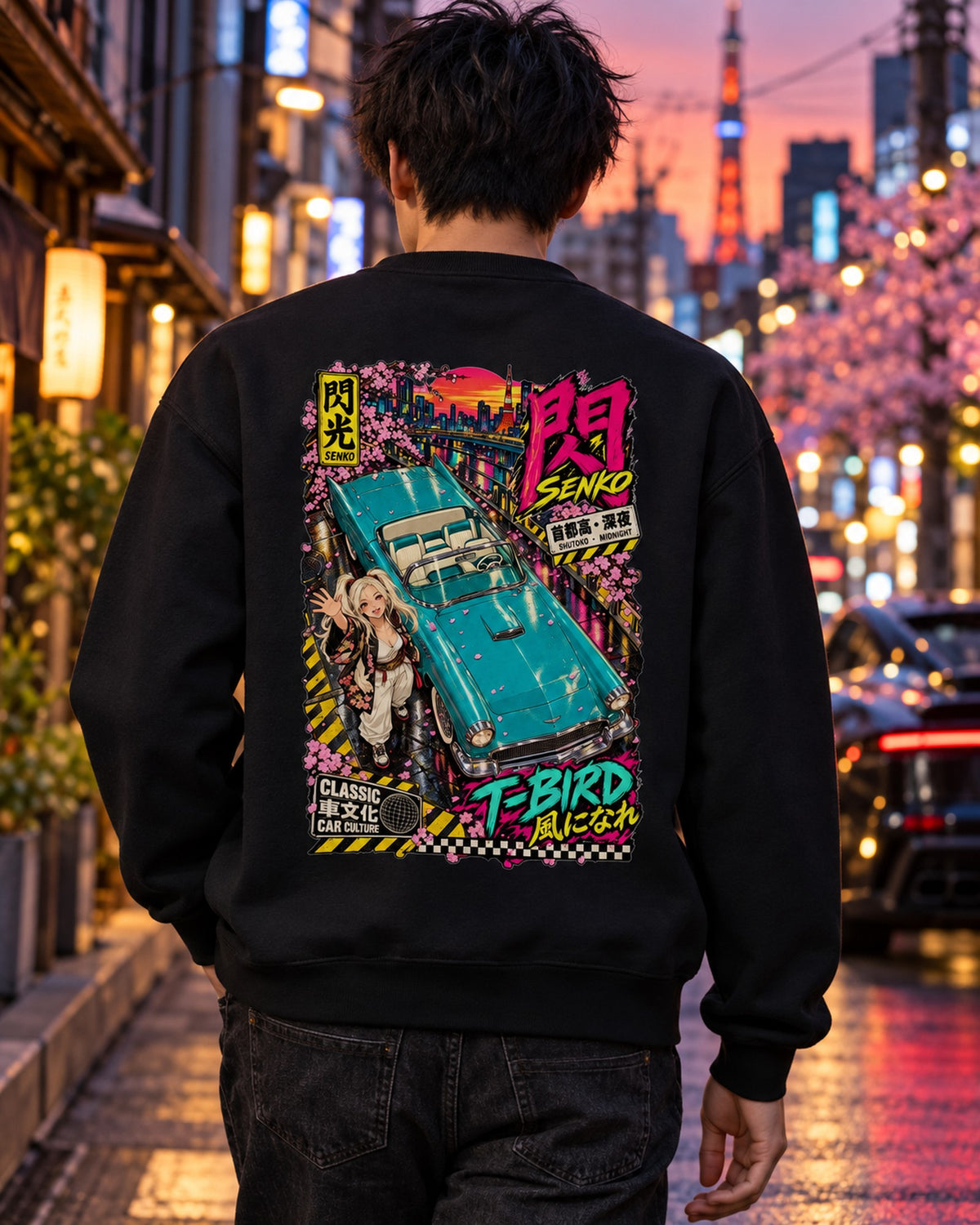 SENKO T-BIRD Anime Girl Full-Back Graphic Tee Crewneck Black worn hero