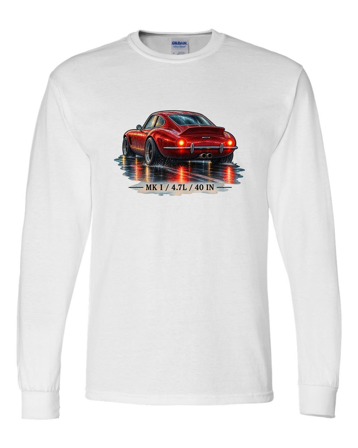 Watercolour of a Ford GT40 Mk I on a wet night road with 4.7L lettering white long sleeve front view with the design