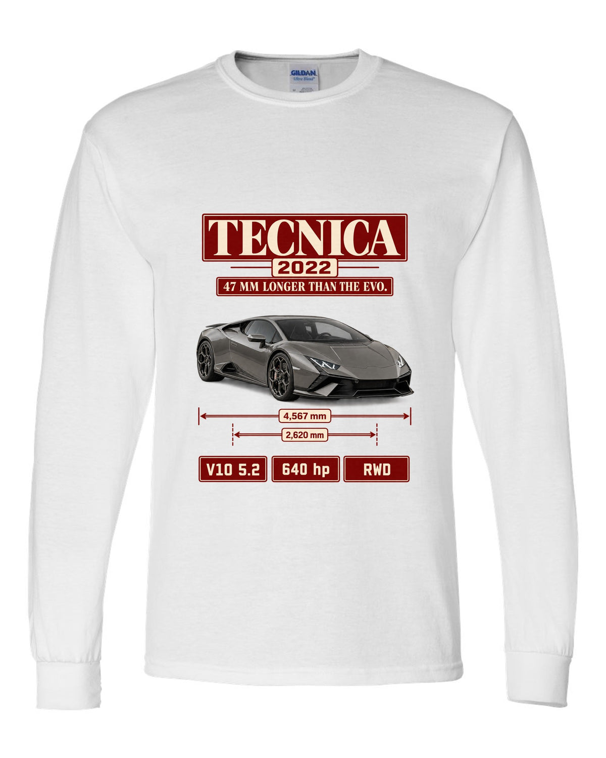Archive panel print of the Lamborghini Huracan Tecnica white long sleeve front view with the design