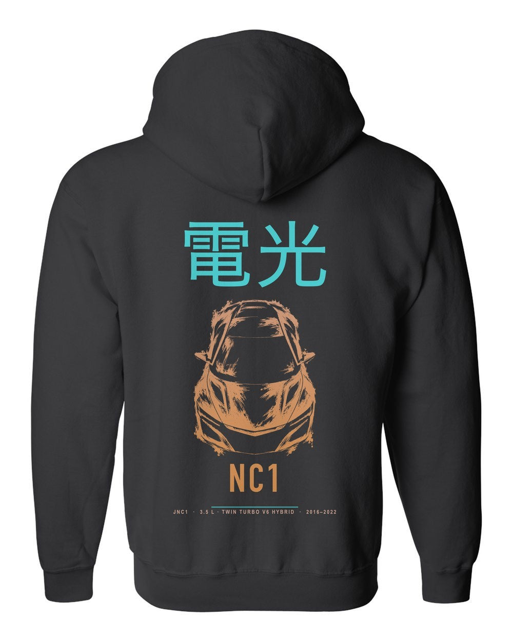 NC1 full-back artwork black zip hoodie back view with the design
