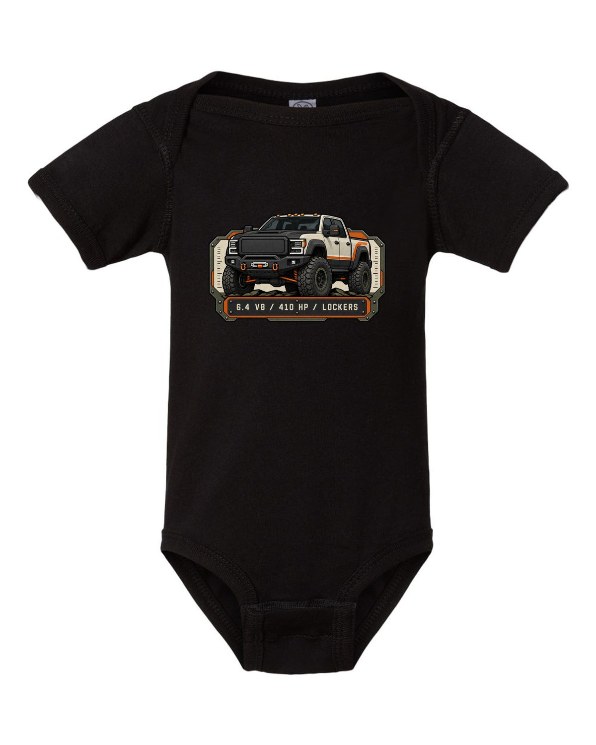 Spec-sheet data plate print of a Ram Power Wagon 2500 winch bumper with 6.4 V8 410 HP lockers text black baby onesie front view with the design