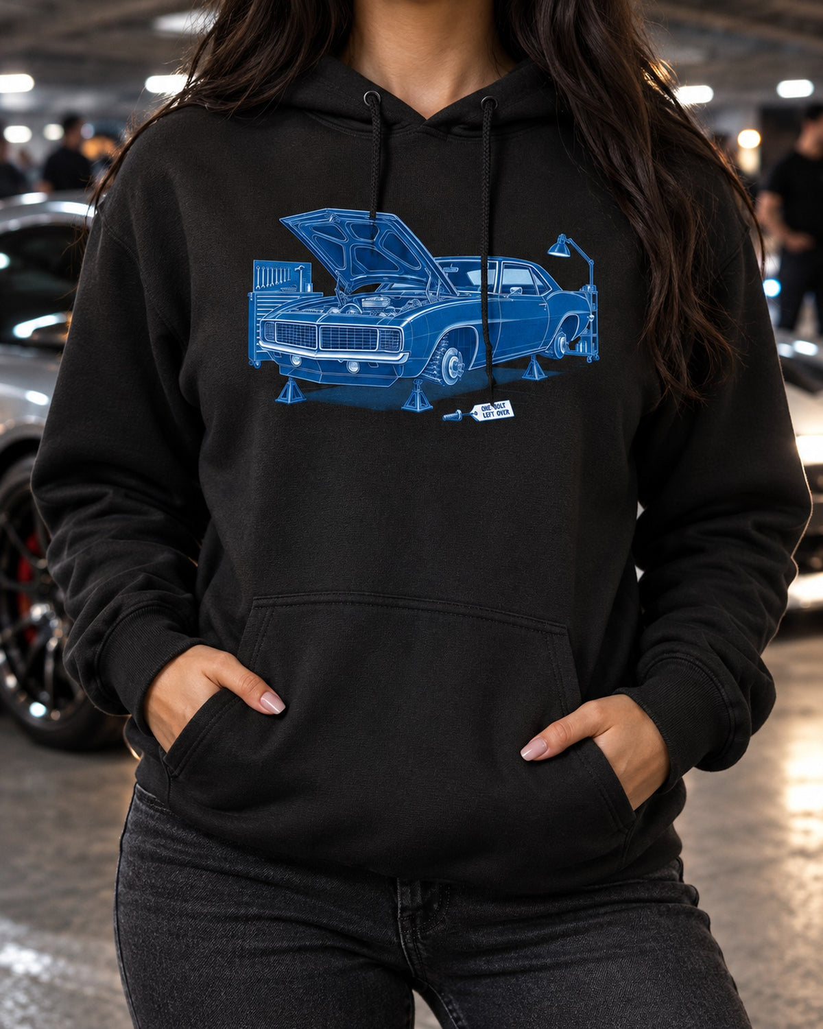 1969 Camaro Cyanotype Shirt, One Bolt Left Over Garage Tee Pull Over Hoodie Black worn hero