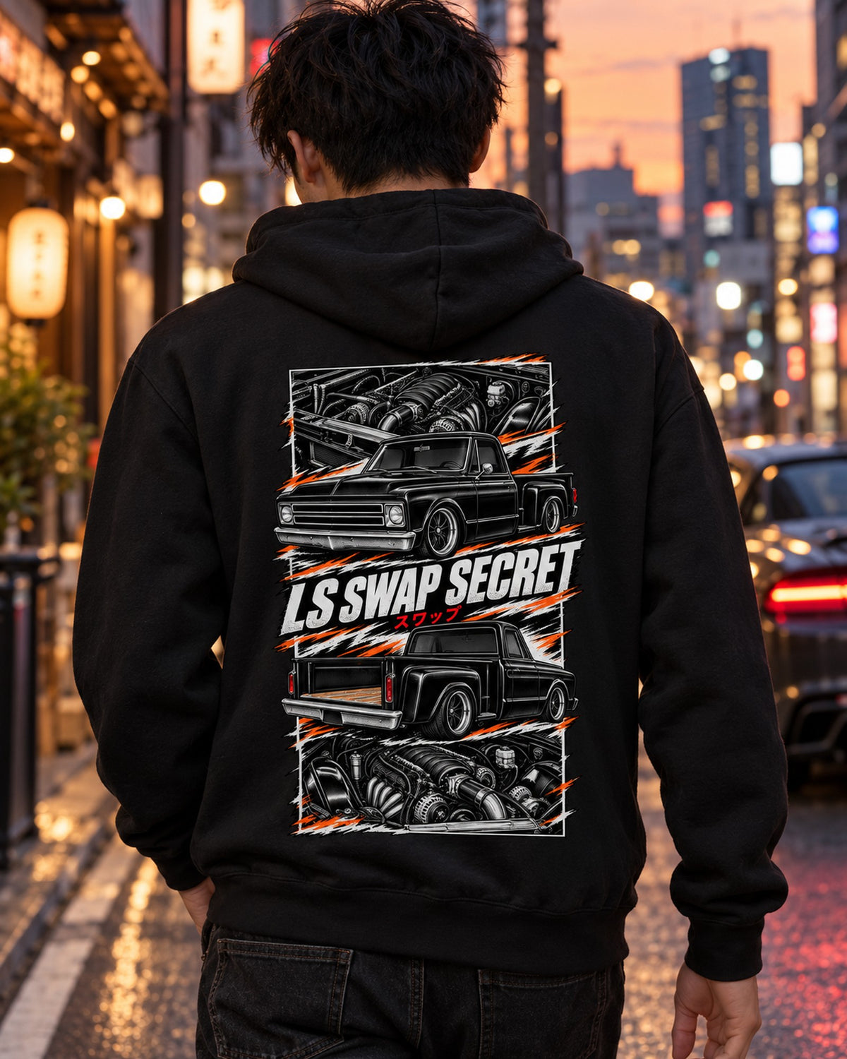 Chevy C10 LS Swap Torn Poster Full-Back Graphic Tee Pull Over Hoodie Black worn hero