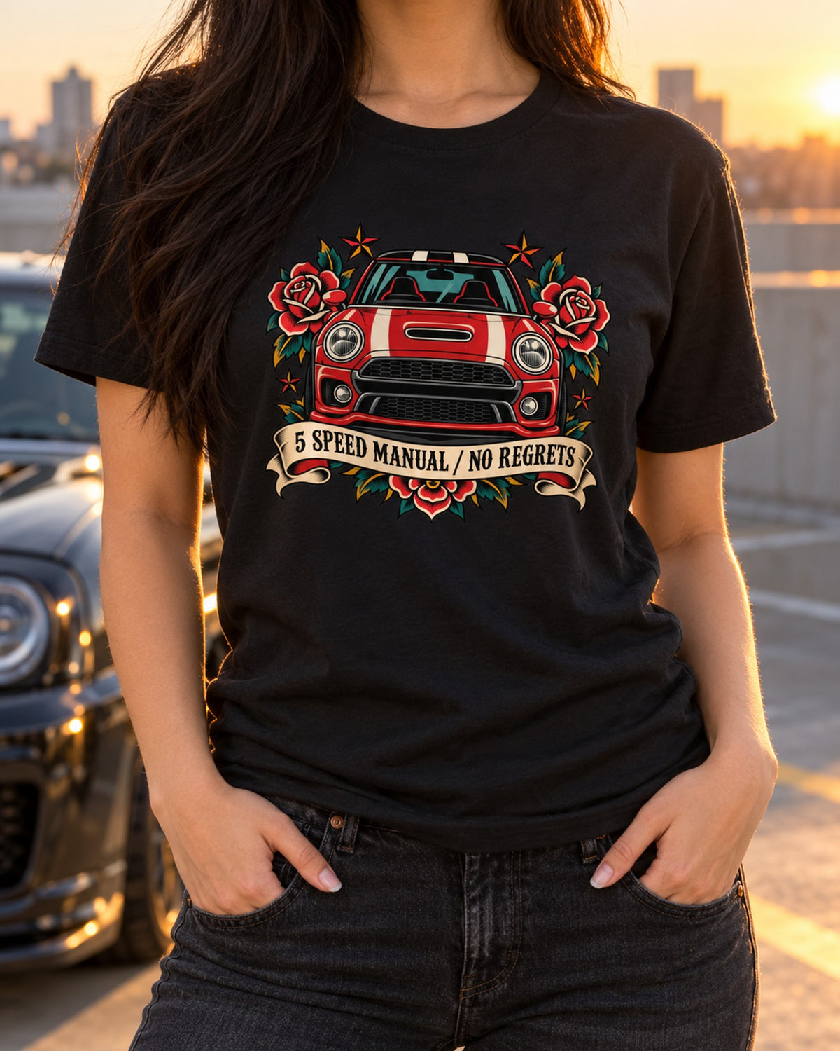 Fiat 500 Abarth Tattoo Flash Shirt, 5 Speed Manual No Regrets T-Shirt Black worn hero