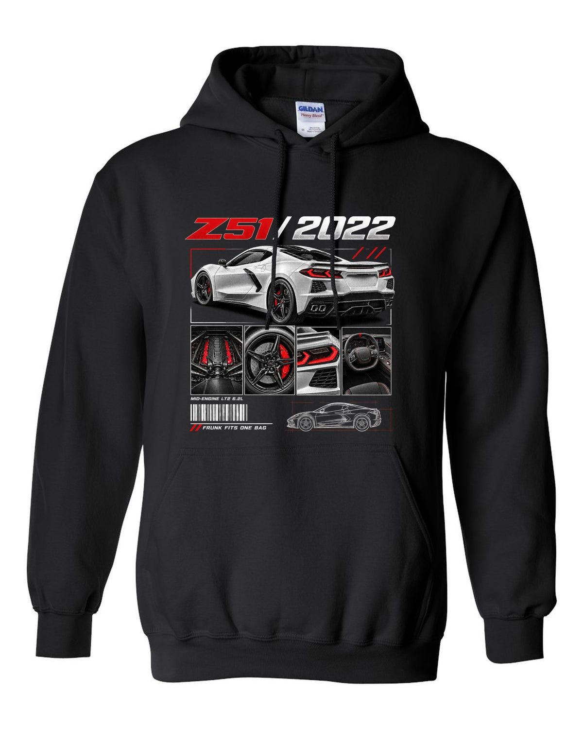 Corvette C8 Stingray Z51 2022 in dossier panels black pull over hoodie front view with the design