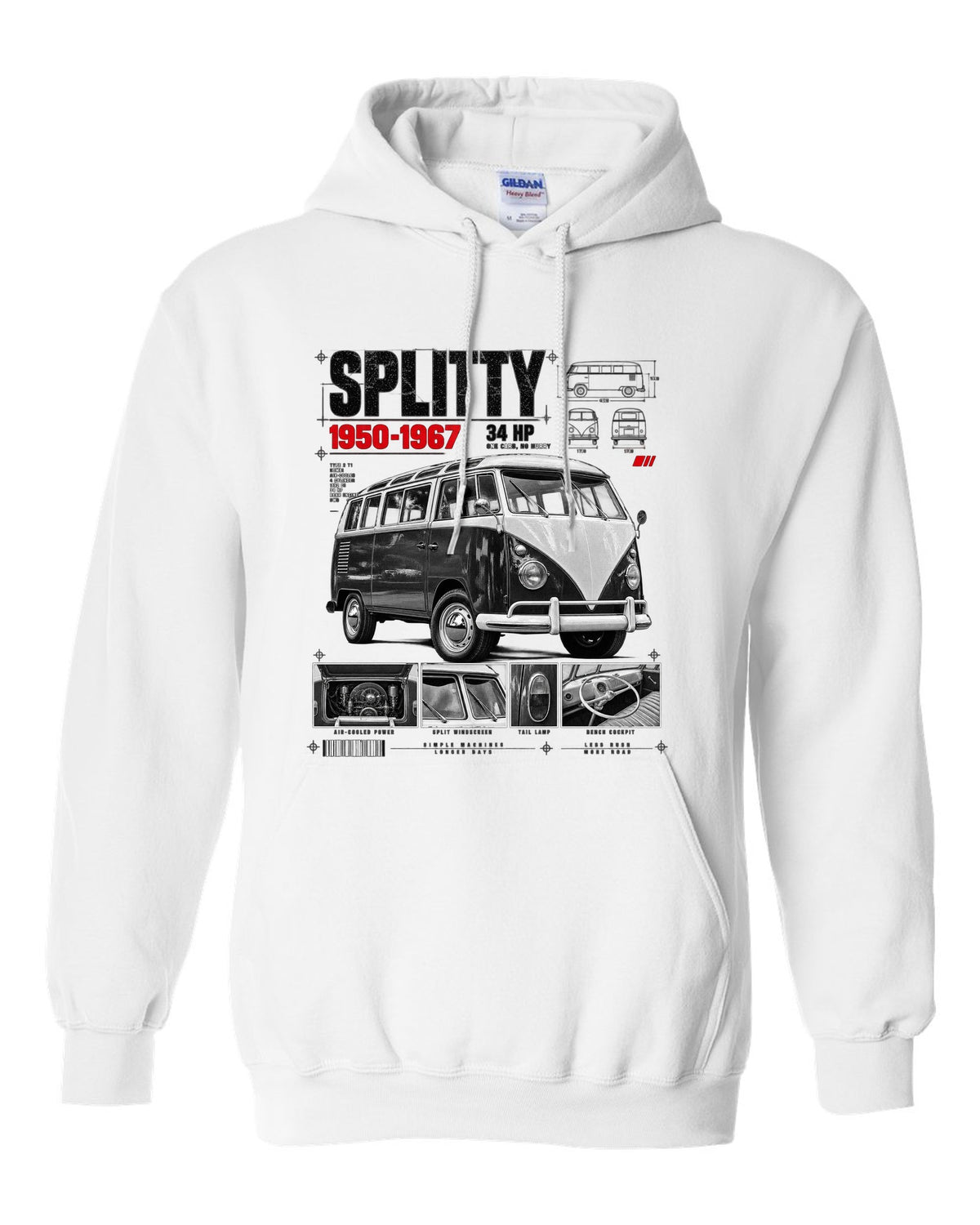Dossier panel print of a 1962 VW T1 split-window Kombi with spec text white pull over hoodie front view with the design