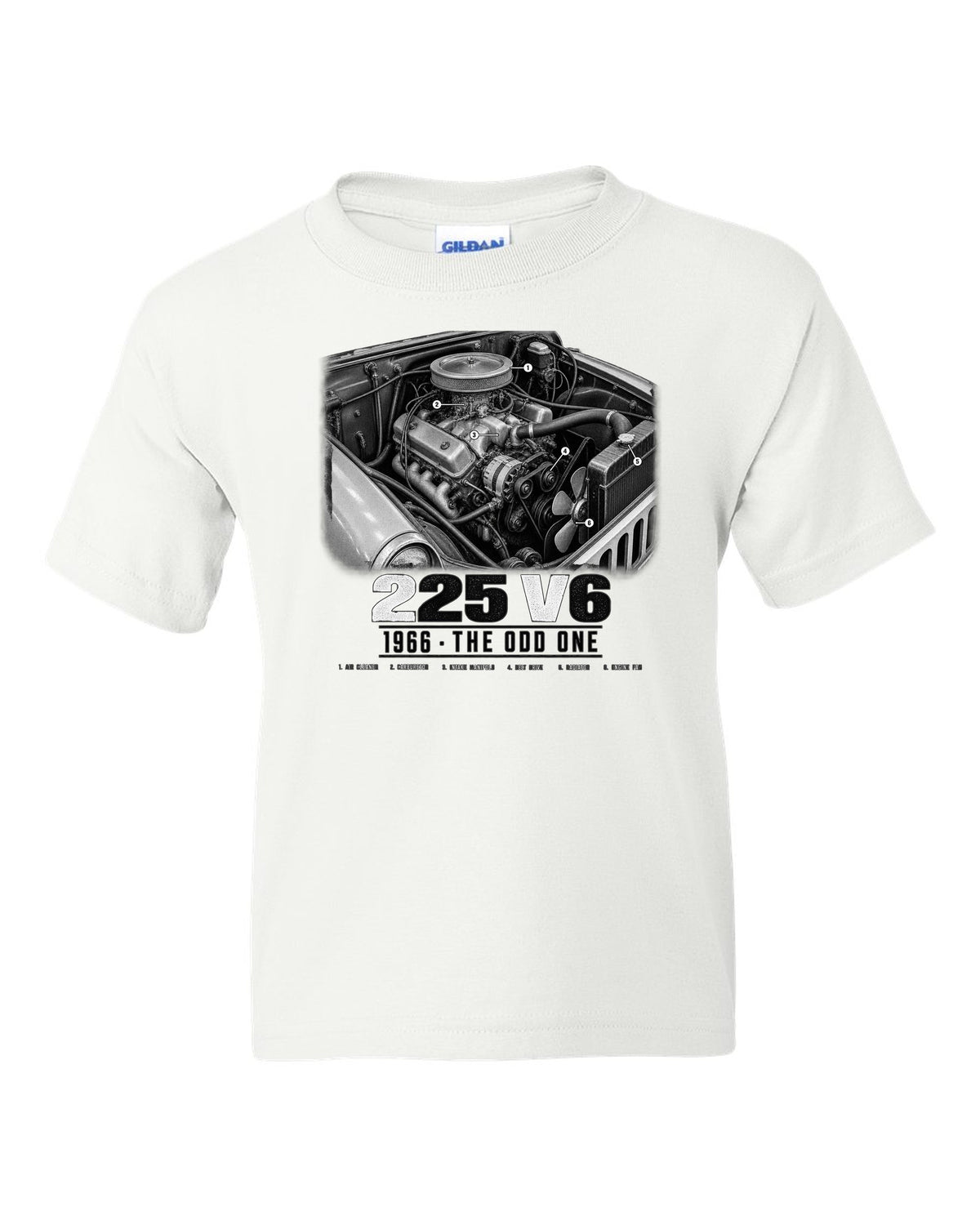 Engine hero print for the Jeep CJ-5 225 V6, 1966 white kids tee front view with the design