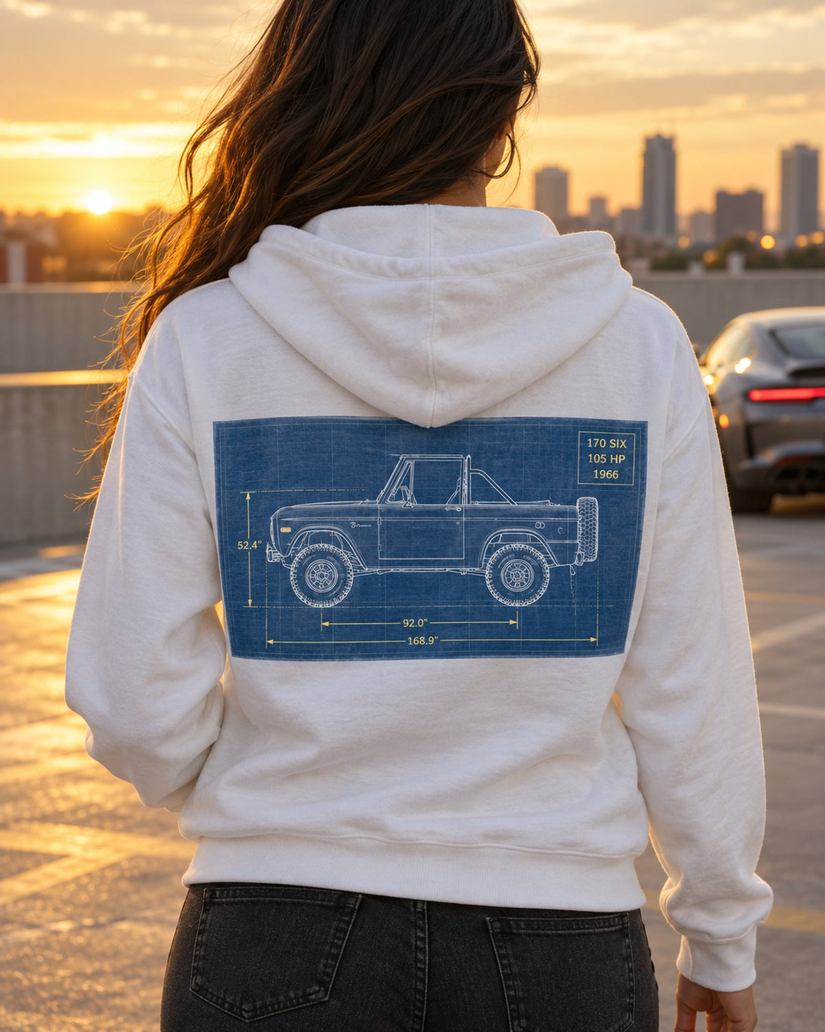 1966 Ford Bronco U13 Roadster Dawn Trailhead Blueprint Shirt Zip Hoodie White worn hero