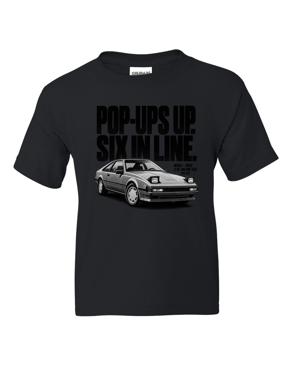 Halftone print of a Toyota Supra A60 MA61 wedge with the text Pop-Ups Up Six In Line black kids tee front view with the design