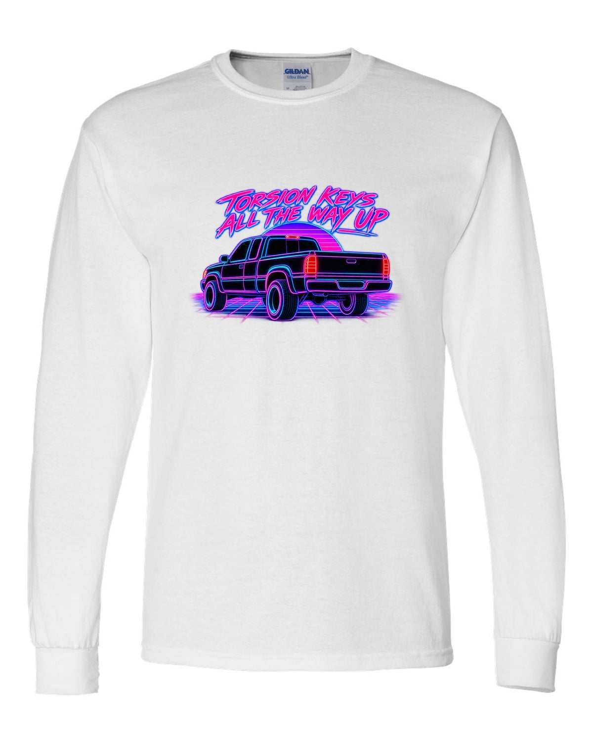 Neon synthwave line print of a 1988-98 Chevrolet GMT400 C1500 OBS extended cab taillight white long sleeve front view with the design