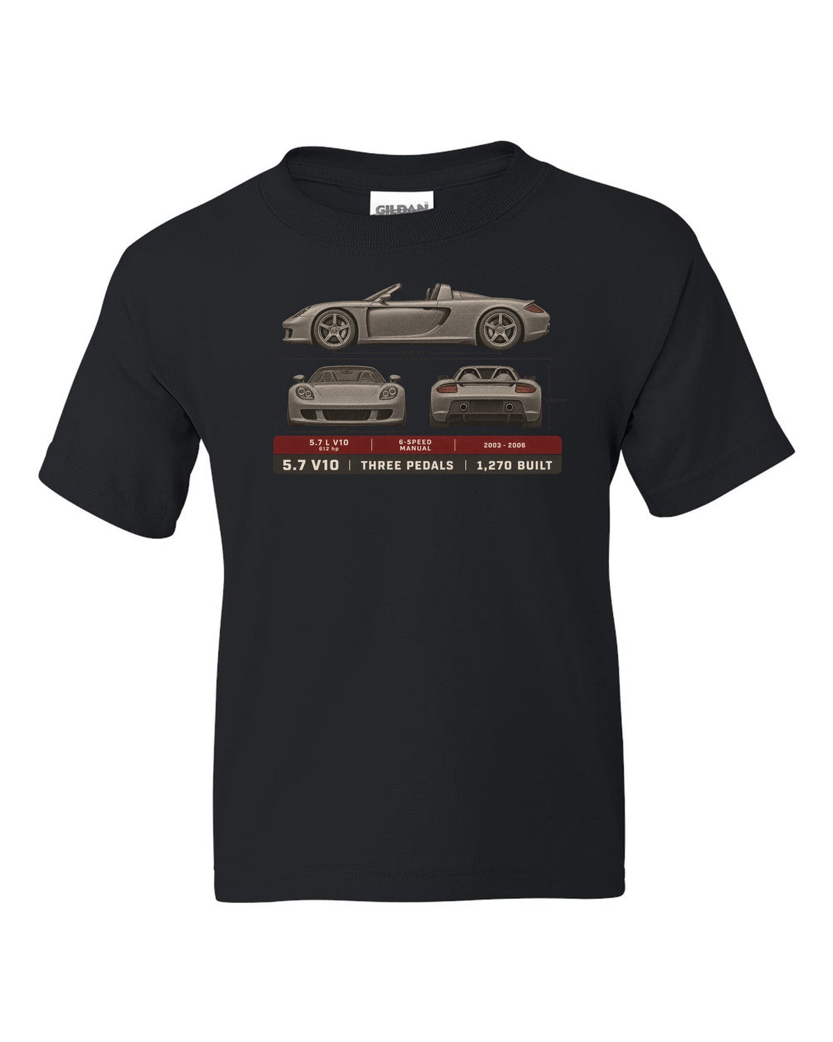 Porsche Carrera GT three-view and spec table print design black kids tee front view with the design