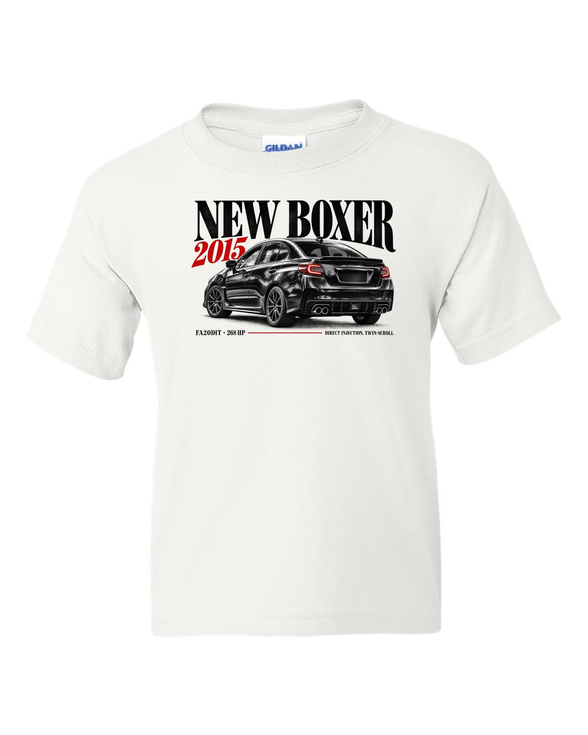 Editorial headline print for the Subaru WRX VA saloon reading New Boxer, 2015, FA20DIT, 268 HP white kids tee front view with the design