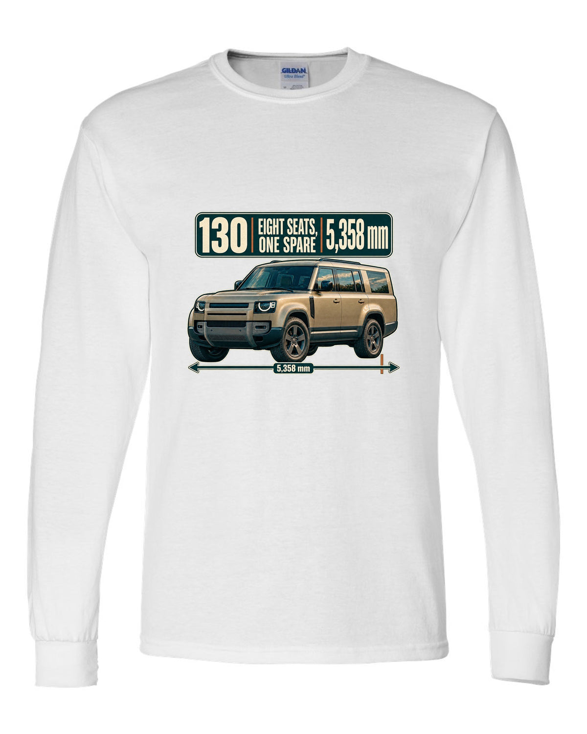 Editorial headline print for the Land Rover Defender 130 L663 with eight seats and length white long sleeve front view with the design
