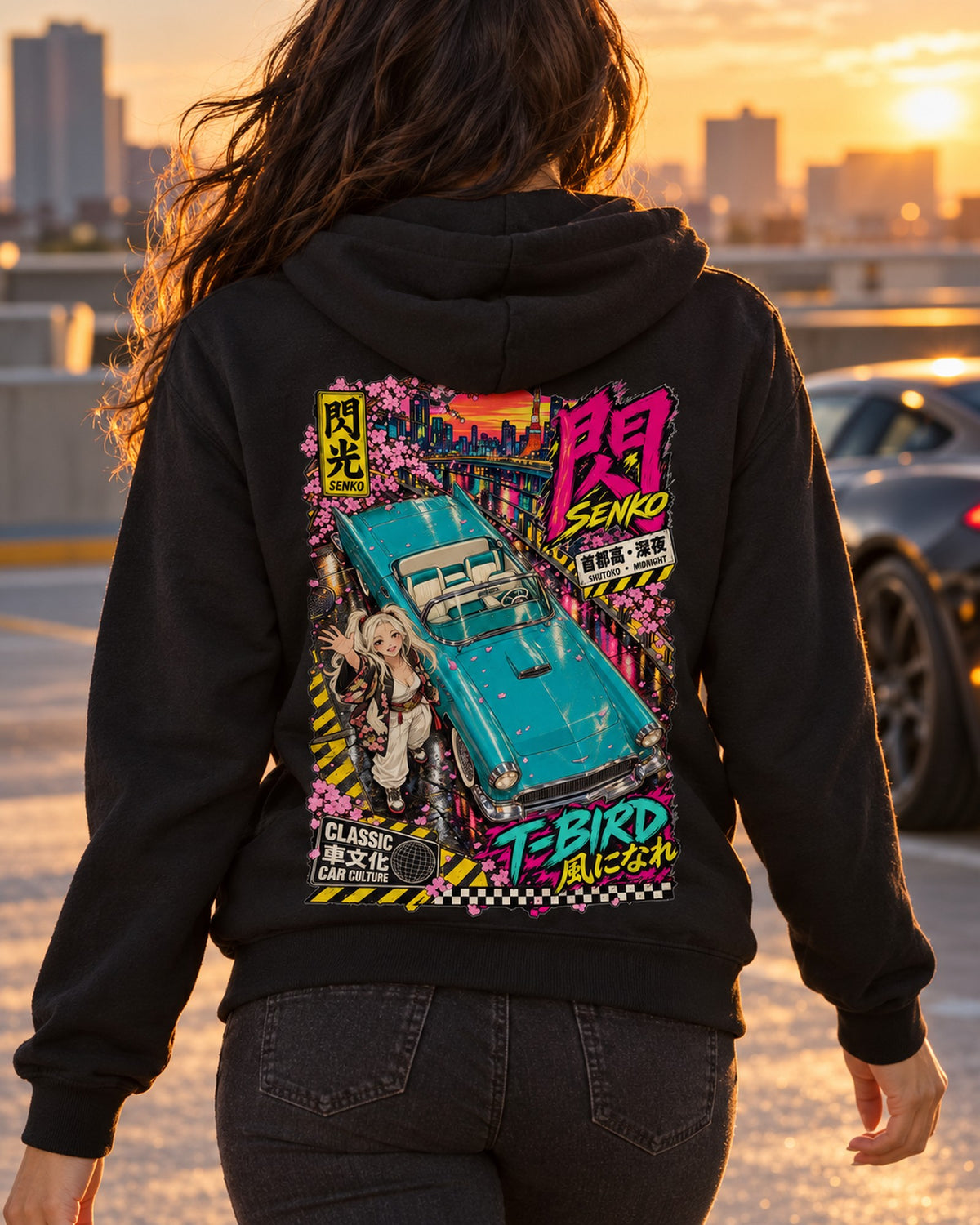 SENKO T-BIRD Anime Girl Full-Back Graphic Tee Zip Hoodie Black worn hero