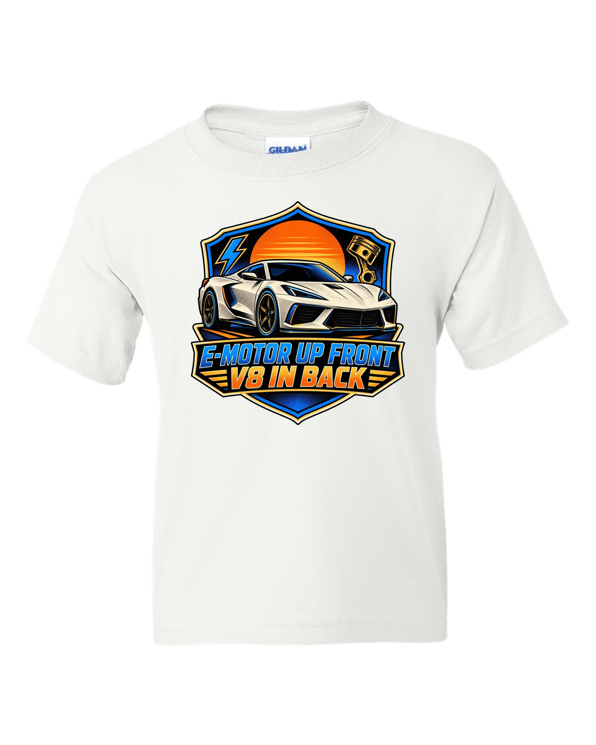 Comic halftone panel of a 2020 C8 Corvette Stingray with e-motor and V8 lettering white kids tee front view with the design