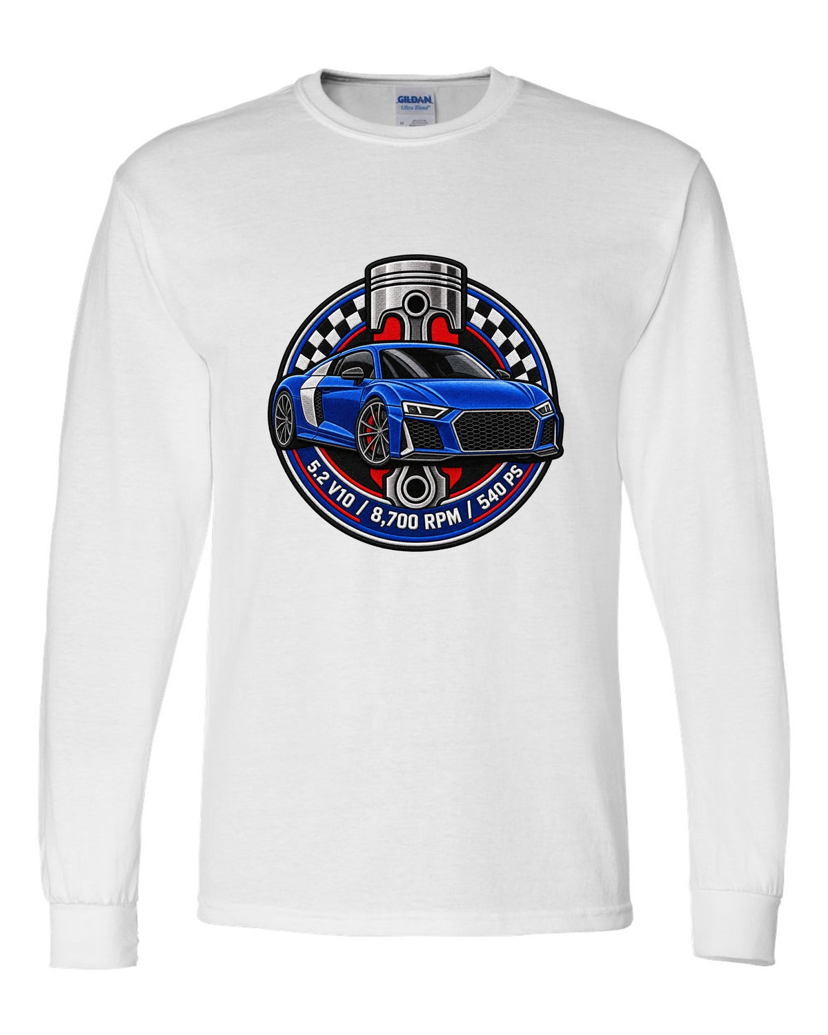Varsity badge crest print of an Audi R8 4S with 5.2 V10 and 540 PS text white long sleeve front view with the design