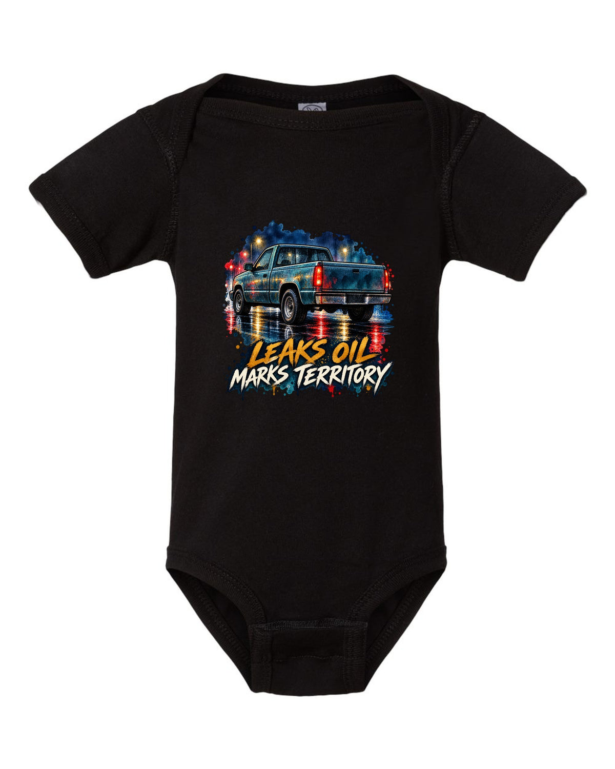 Watercolour wet-road night print of a 1989-1993 Dodge Ram D250 Cummins black baby onesie front view with the design