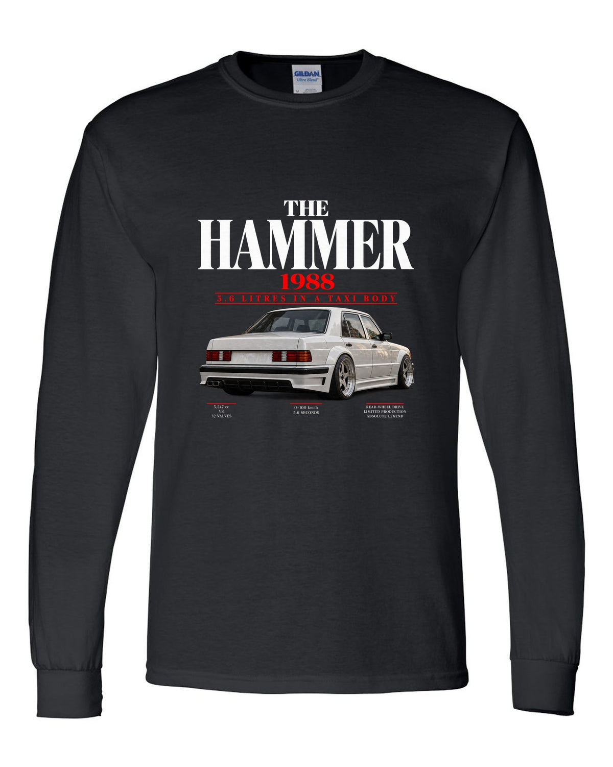 Mercedes 300E 5.6 AMG Hammer W124 editorial print with 1988 headline black long sleeve front view with the design