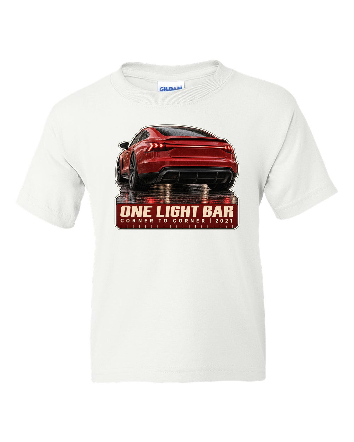 Audi RS e-tron GT rear light bar macro print design white kids tee front view with the design