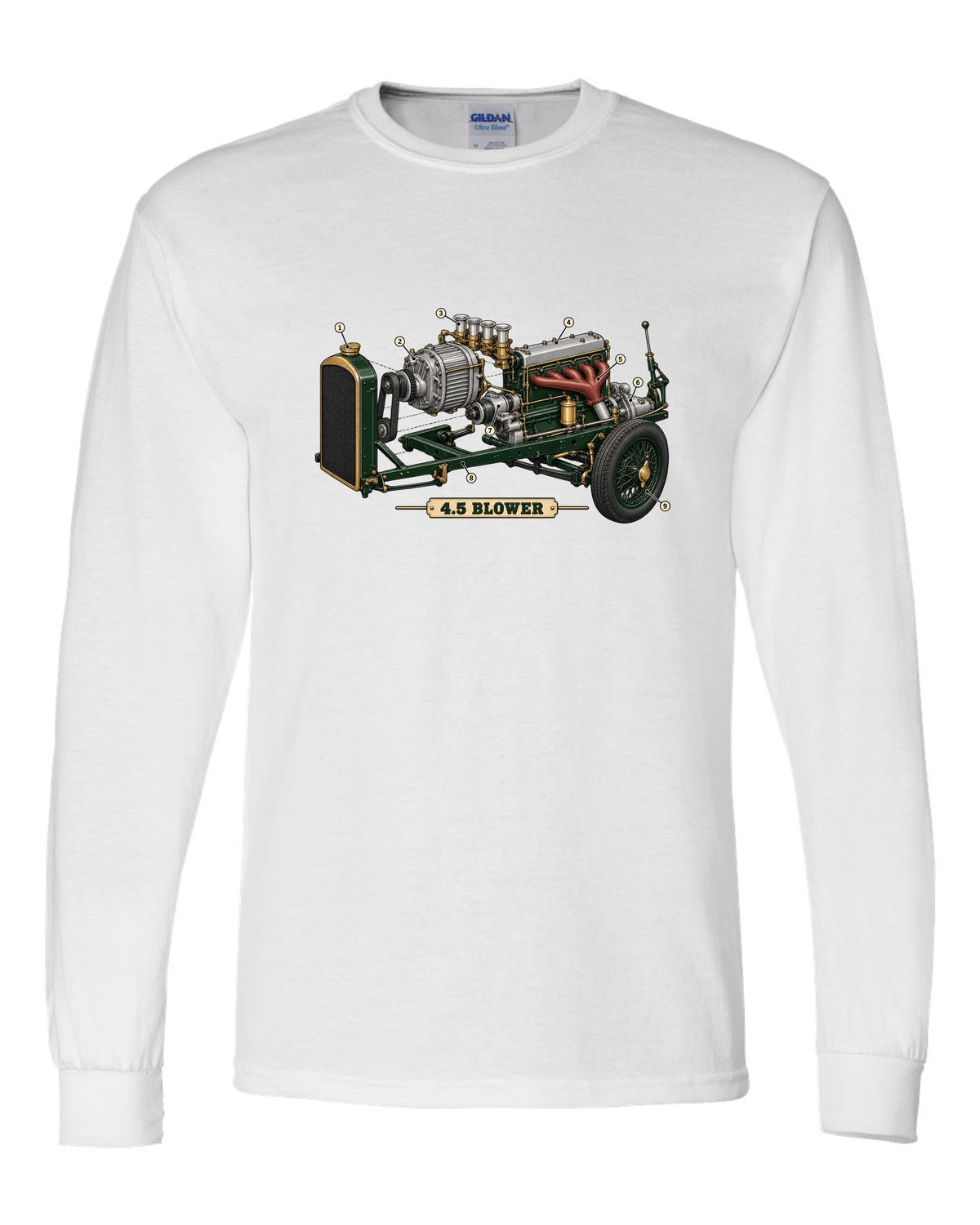 Exploded view diagram of the 1929 Bentley 4.5 Litre Blower supercharged engine with 4.5 BLOWER lettering white long sleeve front view with the design