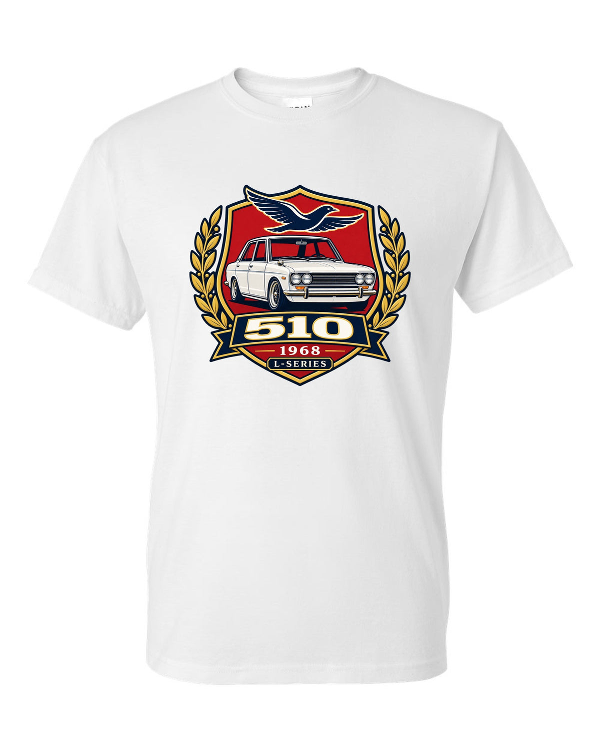 Shield crest print for the Datsun 510 with 510, 1968 and L-Series lettering white t-shirt front view with the design