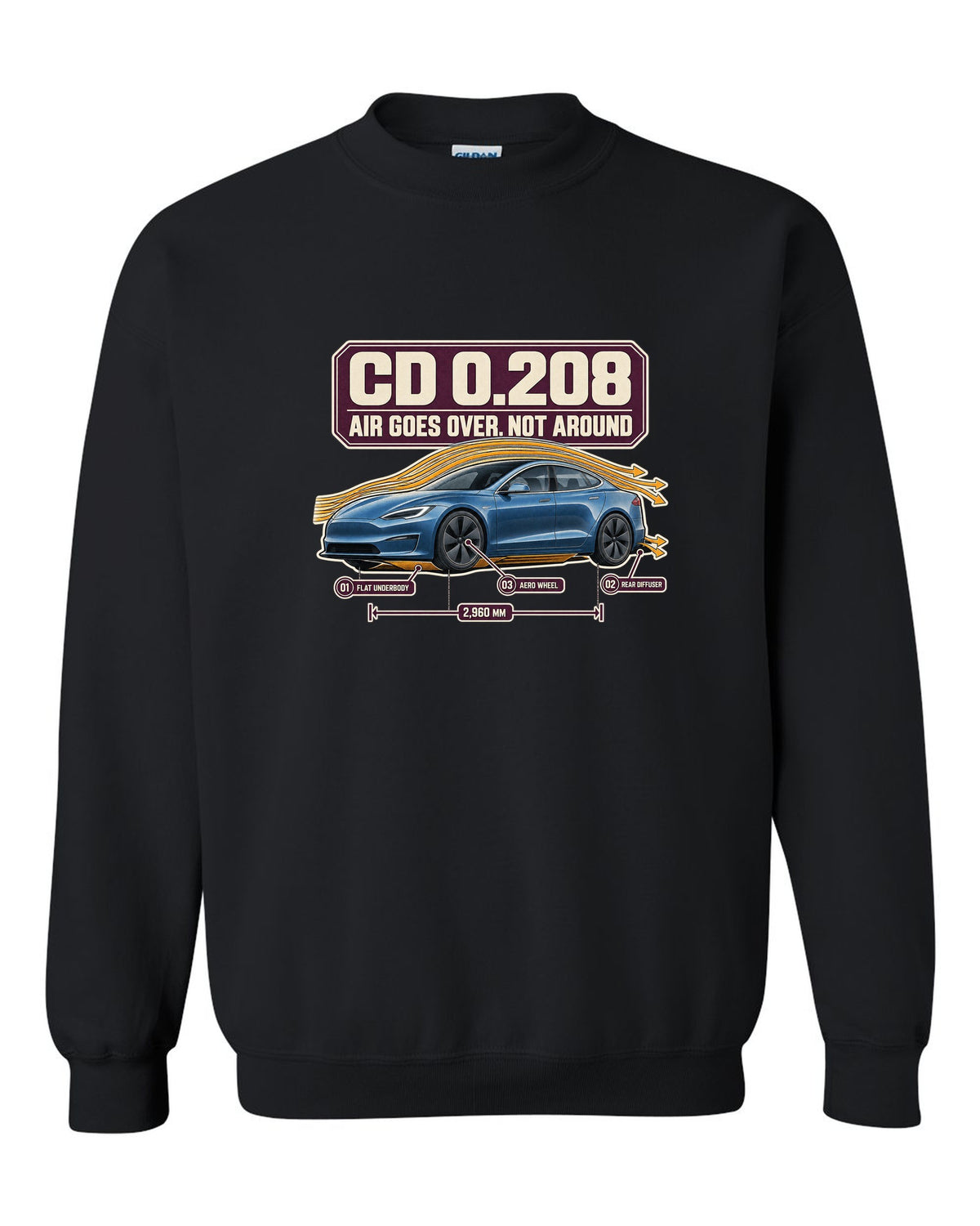 Aero callout print of a Tesla Model S Plaid with drag coefficient 0.208 black crewneck front view with the design