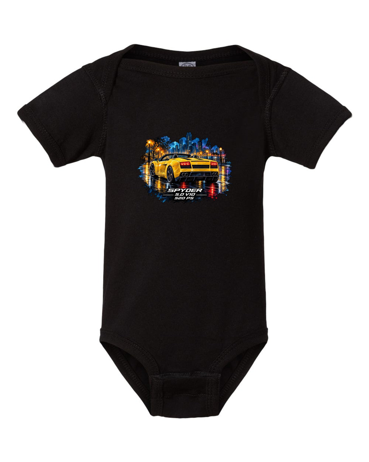 Watercolour wet-road night scene of a Lamborghini Gallardo Spyder with V10 and 520 PS text black baby onesie front view with the design