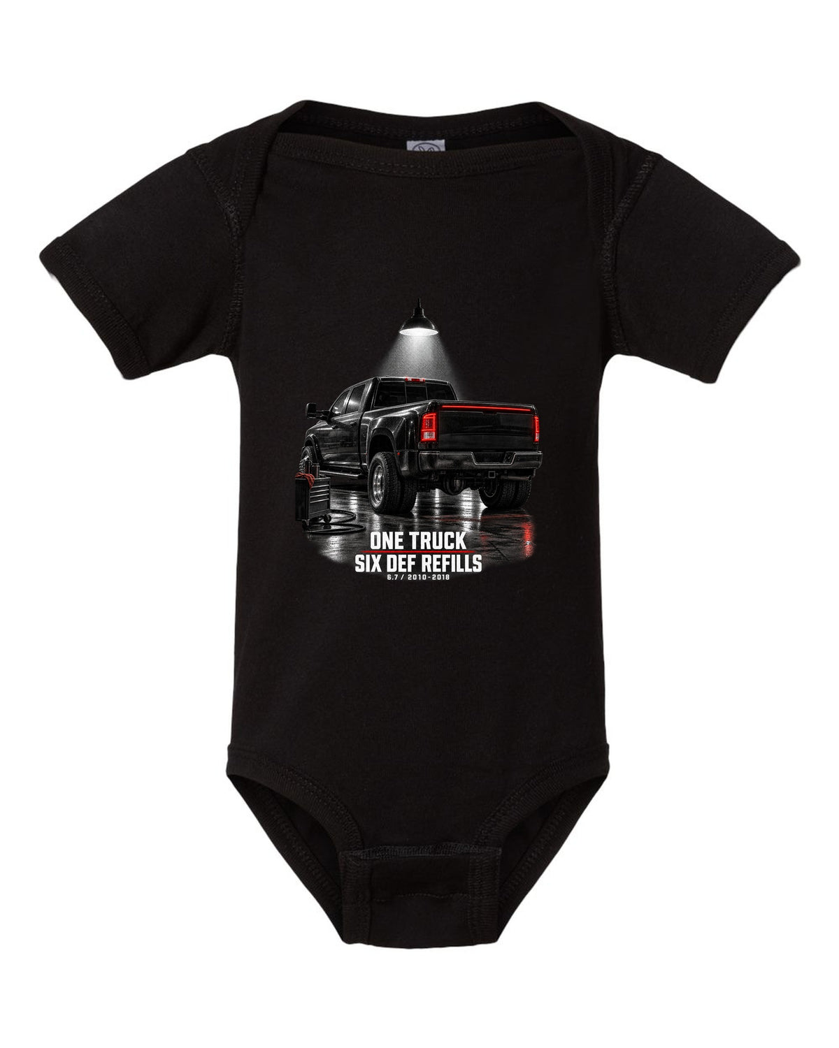 Ram 3500 4th gen dually 6.7 in a night garage with the text One truck, six DEF refills black baby onesie front view with the design