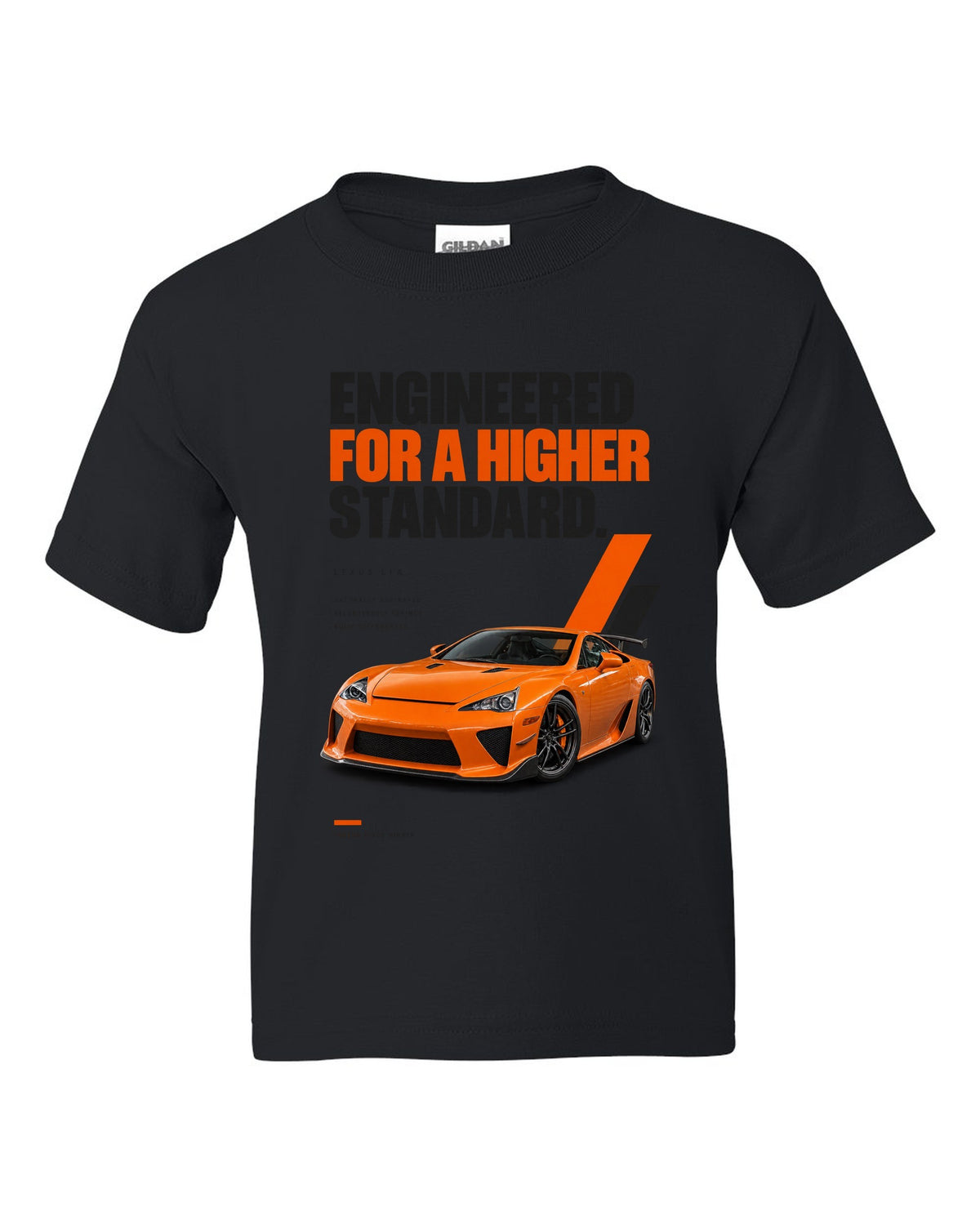 Magazine headline layout featuring the Lexus LFA and its digital tachometer black kids tee front view with the design