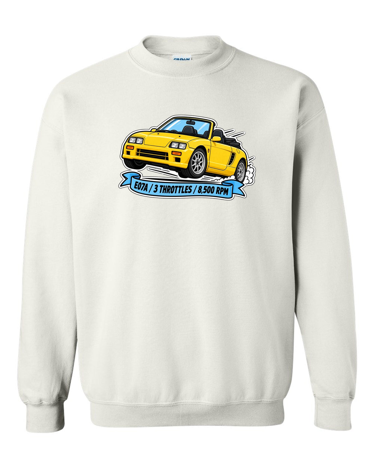 Sticker-style illustration of a Honda Beat PP1 with E07A engine and 8,500 rpm lettering white crewneck front view with the design
