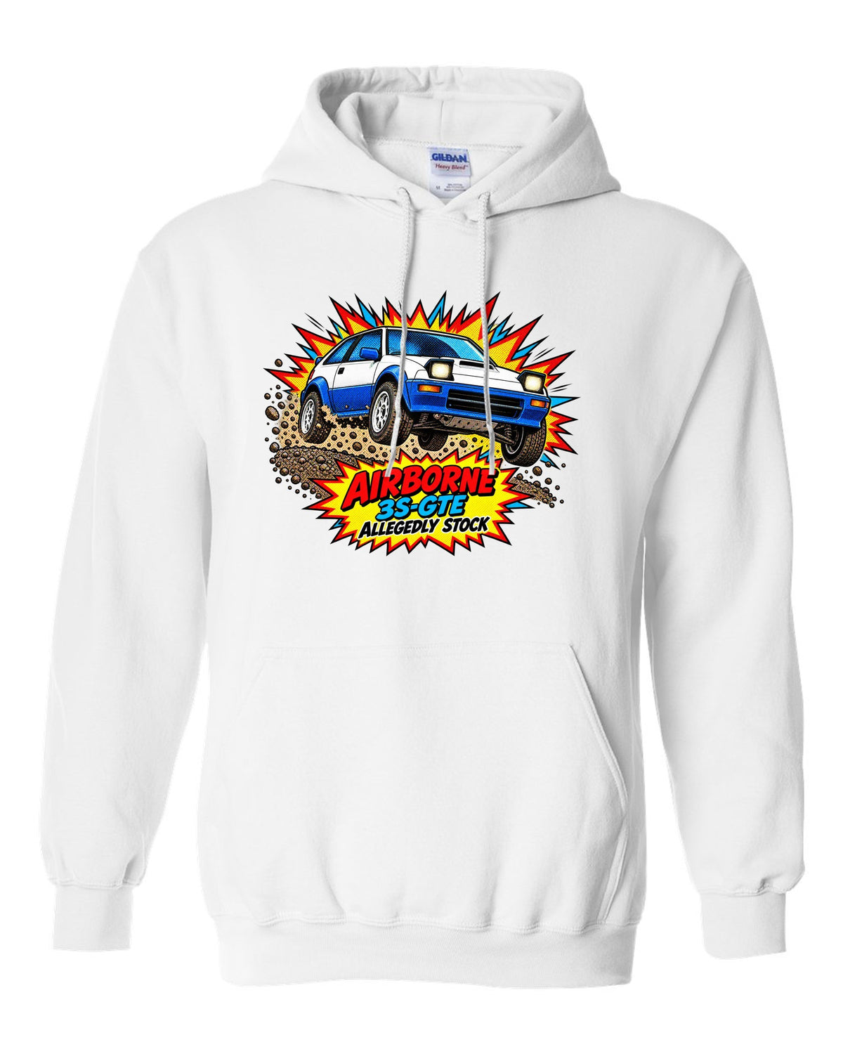Comic halftone pop art of a Toyota Celica GT-Four ST165 jumping on gravel white pull over hoodie front view with the design