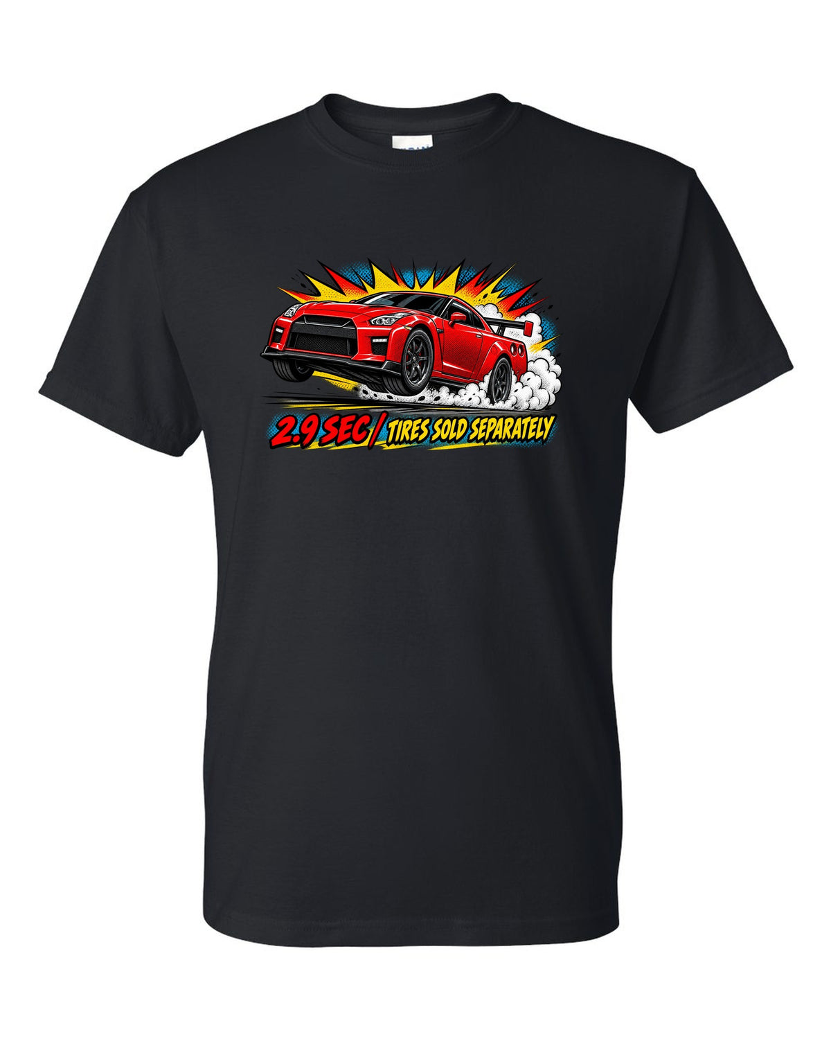 Comic halftone pop-art print of a Nissan GT-R R35 launching with 2.9 sec text black t-shirt front view with the design