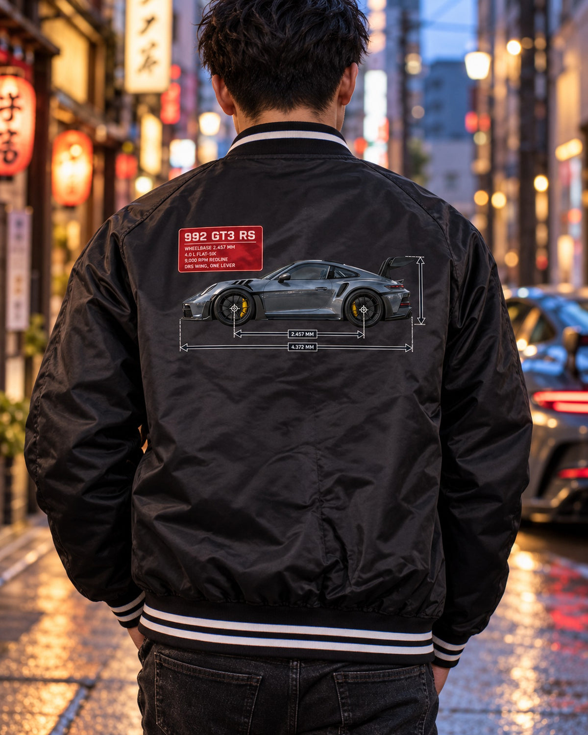 Porsche 992 GT3 RS Dimension Blueprint Shirt, Car Guy Gift Bomber Jacket Black worn hero