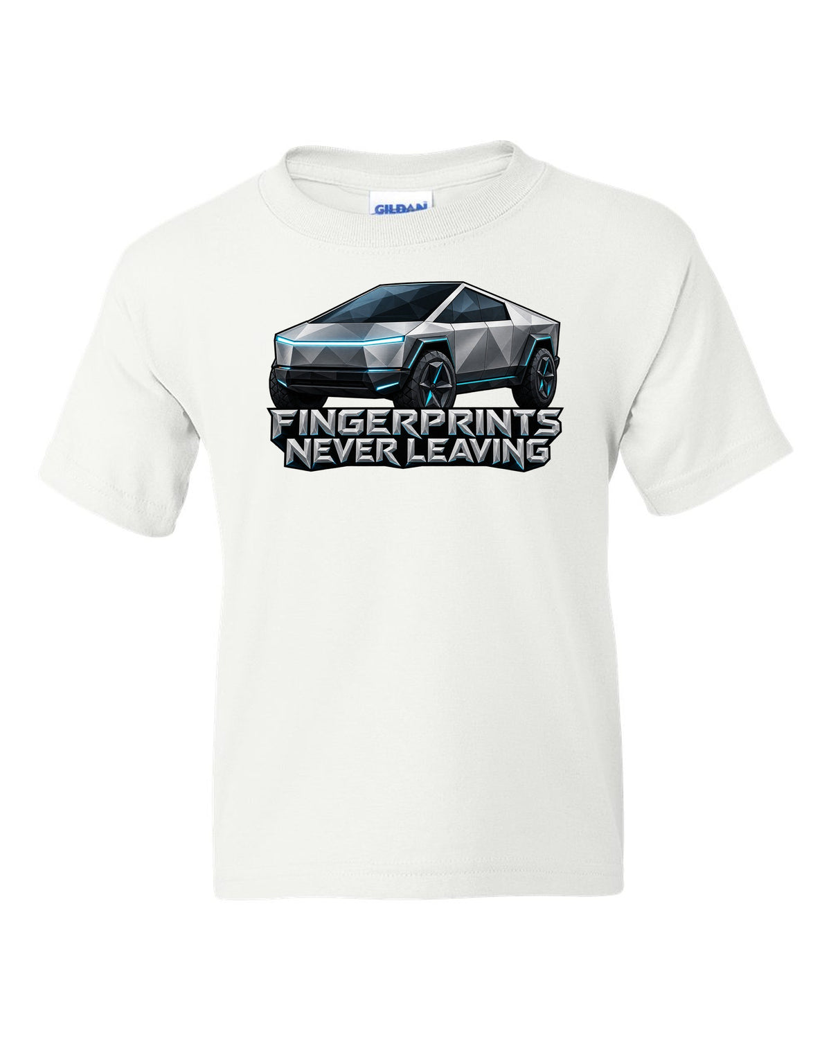 Low-poly wireframe facets of a 2023 Tesla Cybertruck with the words Fingerprints Never Leaving white kids tee front view with the design