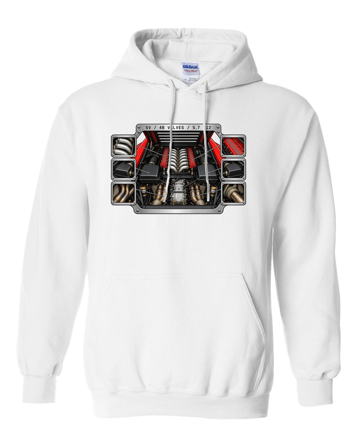 Spec-sheet data plate for a 1995 Lamborghini Diablo SV with 48 valves and 5.7 V12 white pull over hoodie front view with the design