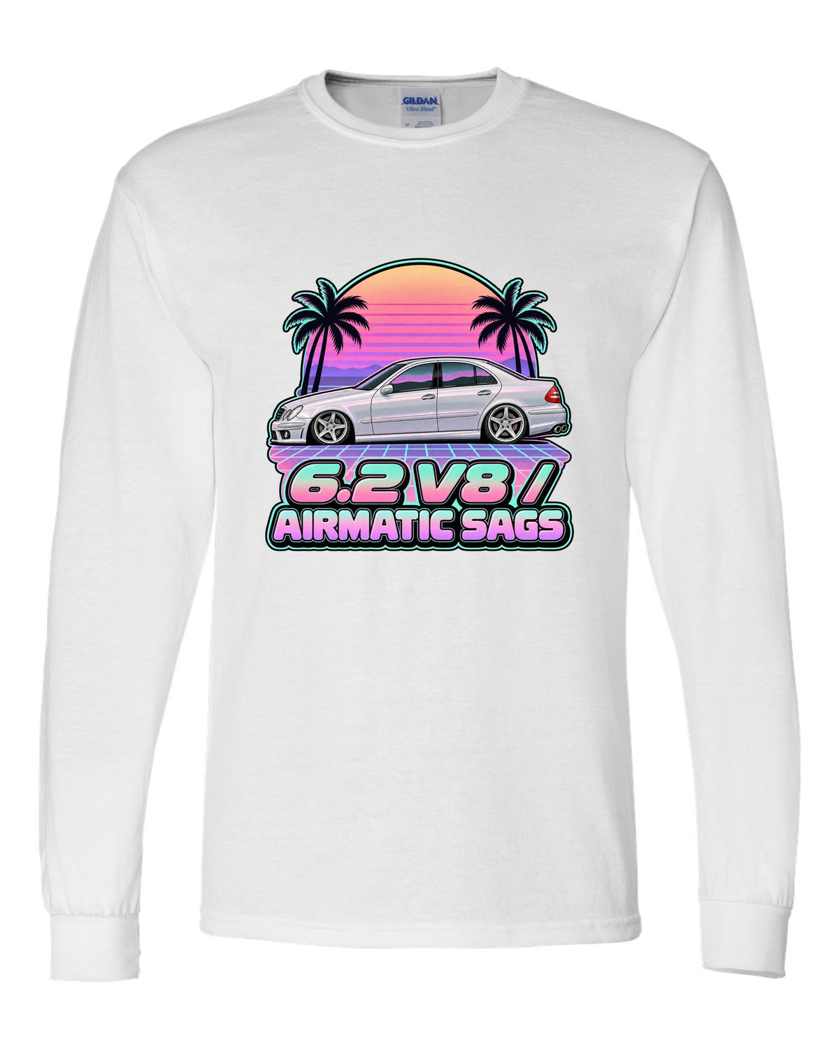 Vaporwave pastel print of a Mercedes E63 AMG W211 with Airmatic text white long sleeve front view with the design