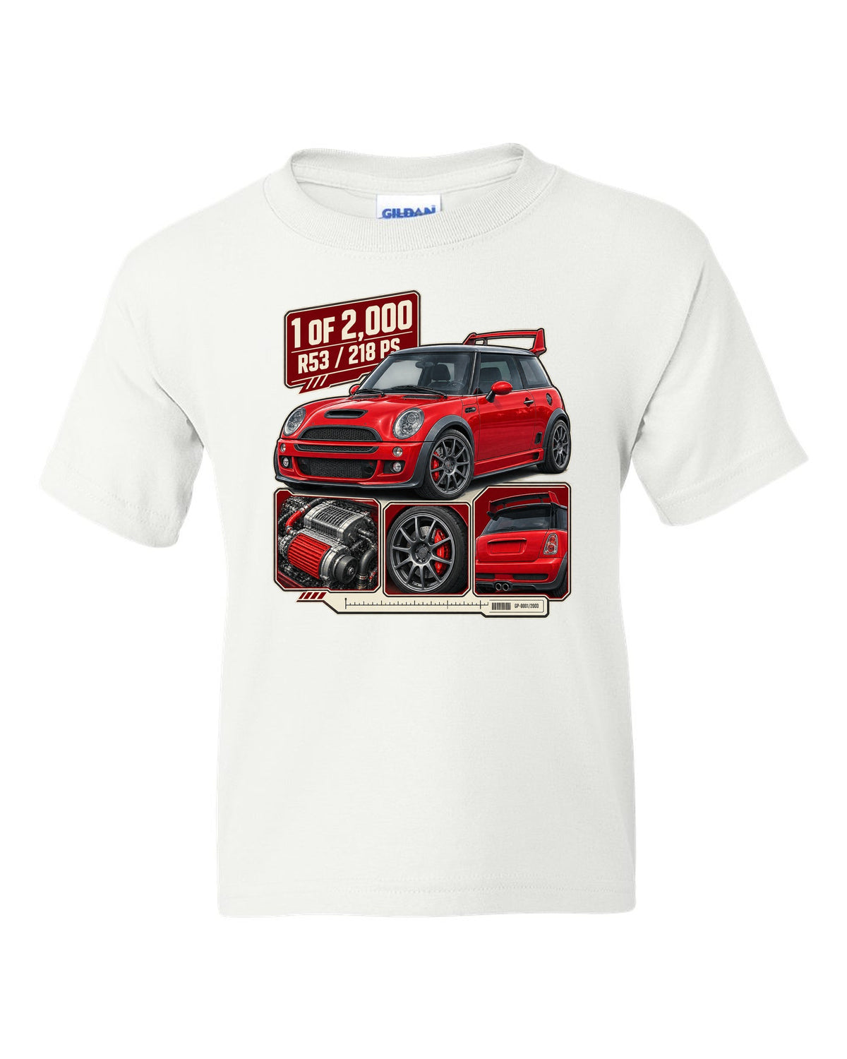 Dossier panel print for the Mini Cooper S Works GP R53 2006 showing 1 of 2,000 white kids tee front view with the design