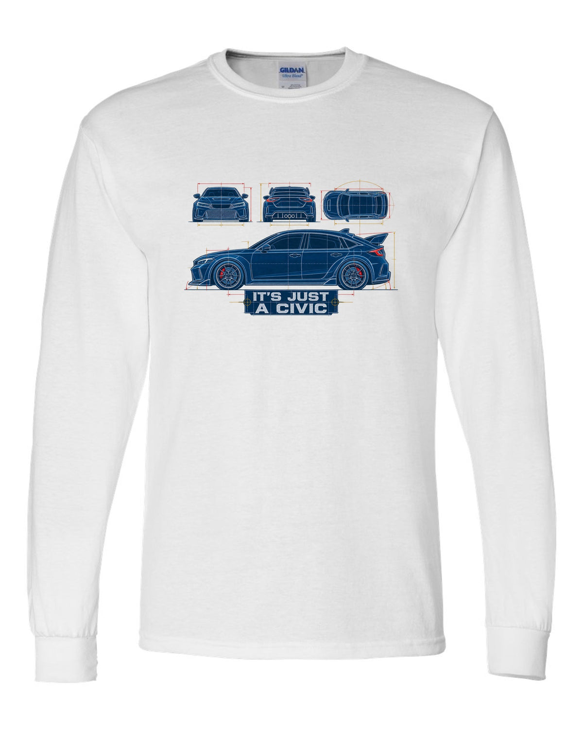Cyanotype blueprint print of a 2023 Honda Civic FL5 ch with it's just a Civic text white long sleeve front view with the design