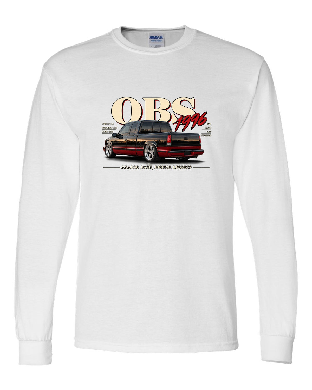 1996 OBS Chevy C1500 extended cab editorial headline print white long sleeve front view with the design