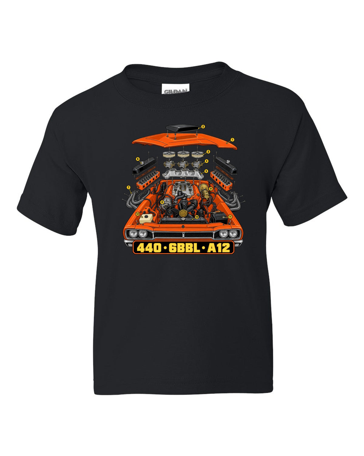 Isometric exploded technical drawing of the 440 six-barrel engine in a 1969 Dodge Coronet Super Bee A12 black kids tee front view with the design