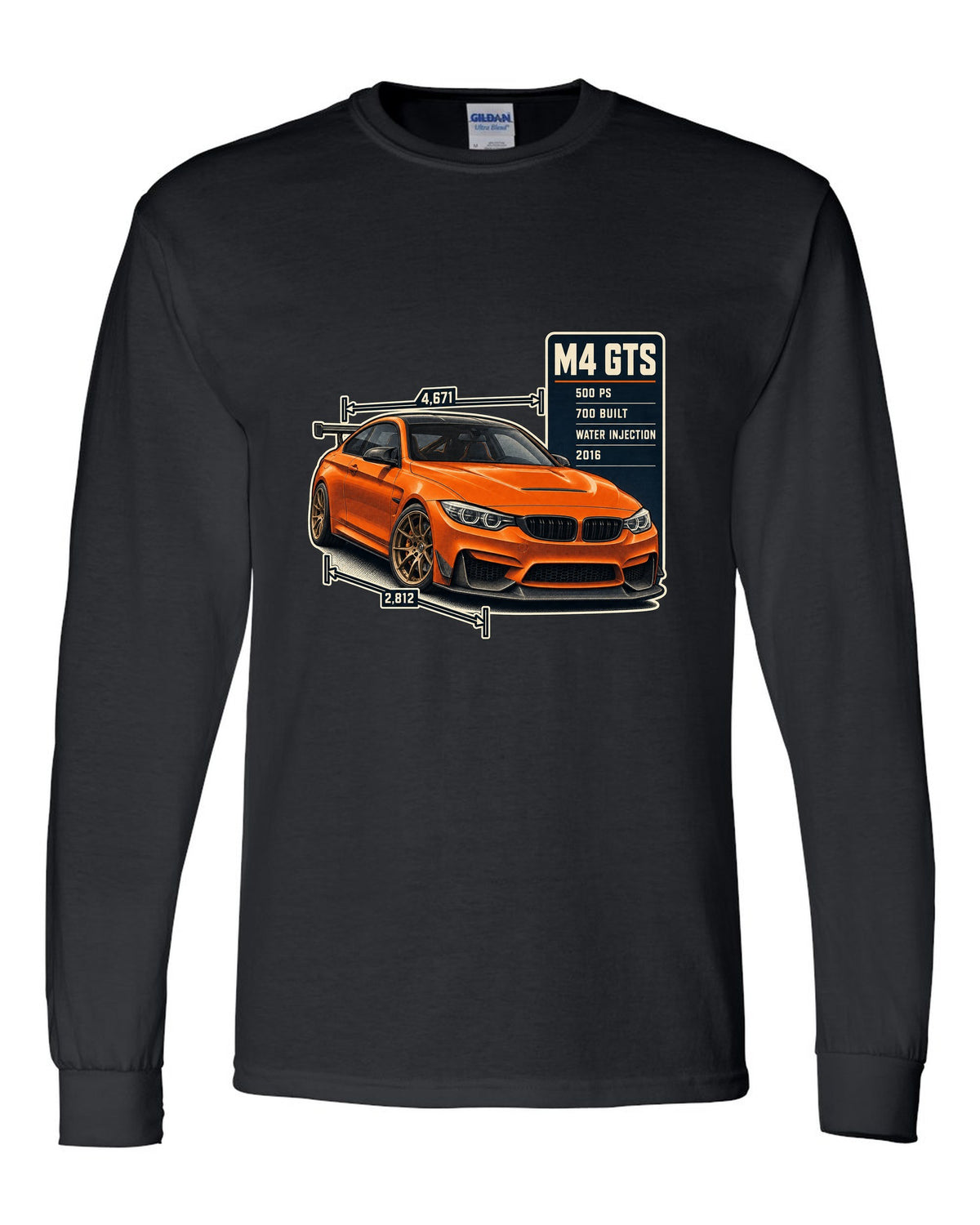 BMW M4 GTS F82 spec poster print design black long sleeve front view with the design