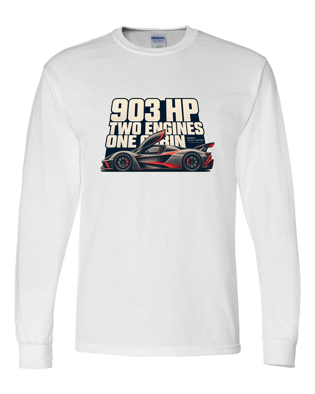 Halftone print of a McLaren P1 in warm grey and red, 903 HP two engines white long sleeve front view with the design