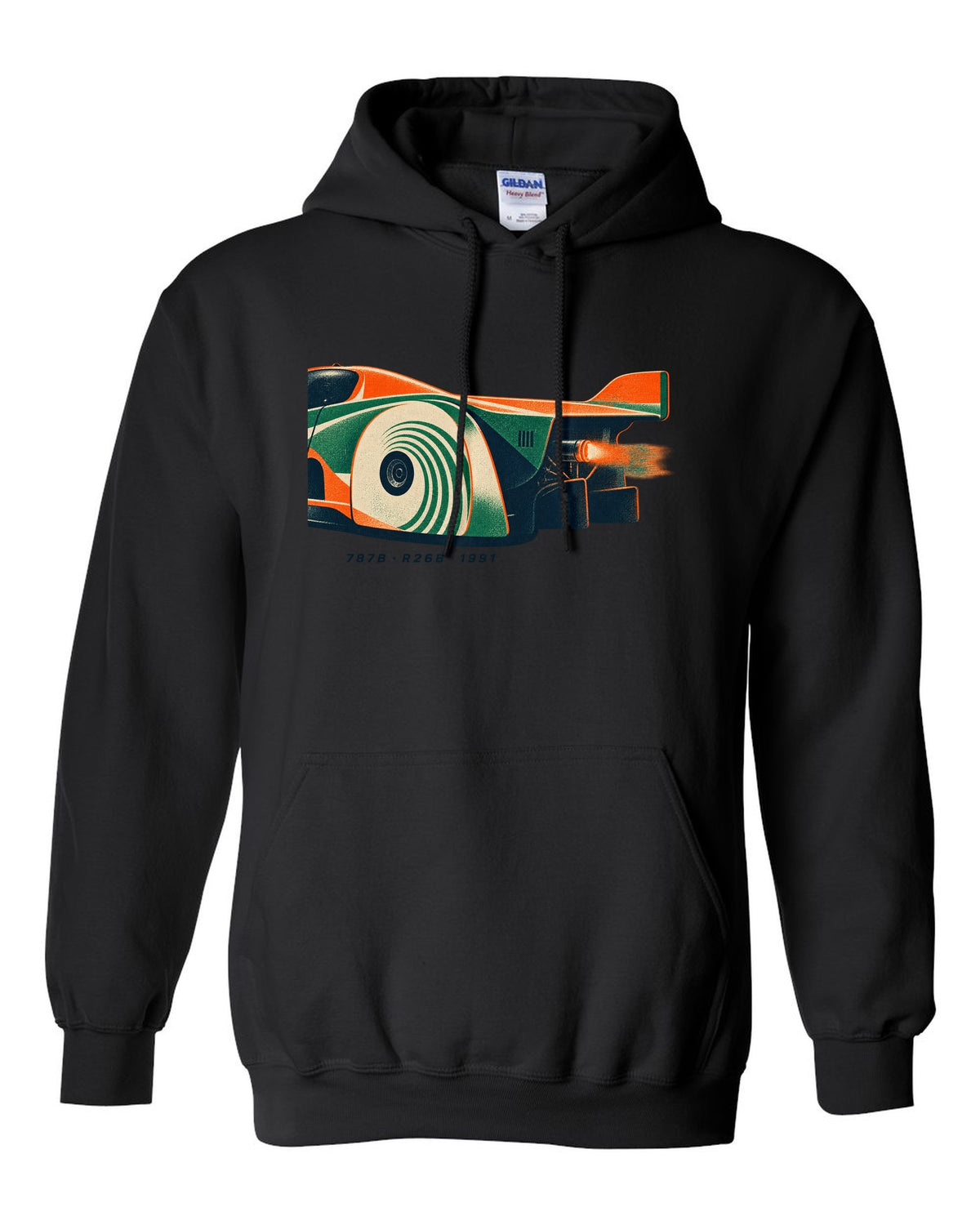 Risograph print of a Mazda 787B wheel and exhaust with R26B and 1991 text black pull over hoodie front view with the design