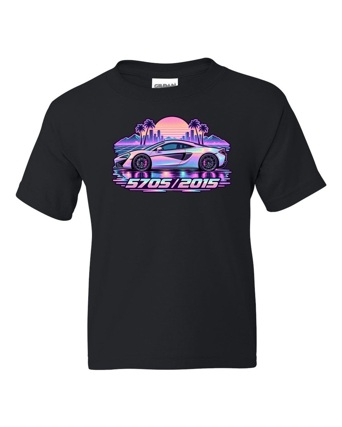 McLaren 570S vaporwave pastel rain print with 570S 2015 lettering black kids tee front view with the design