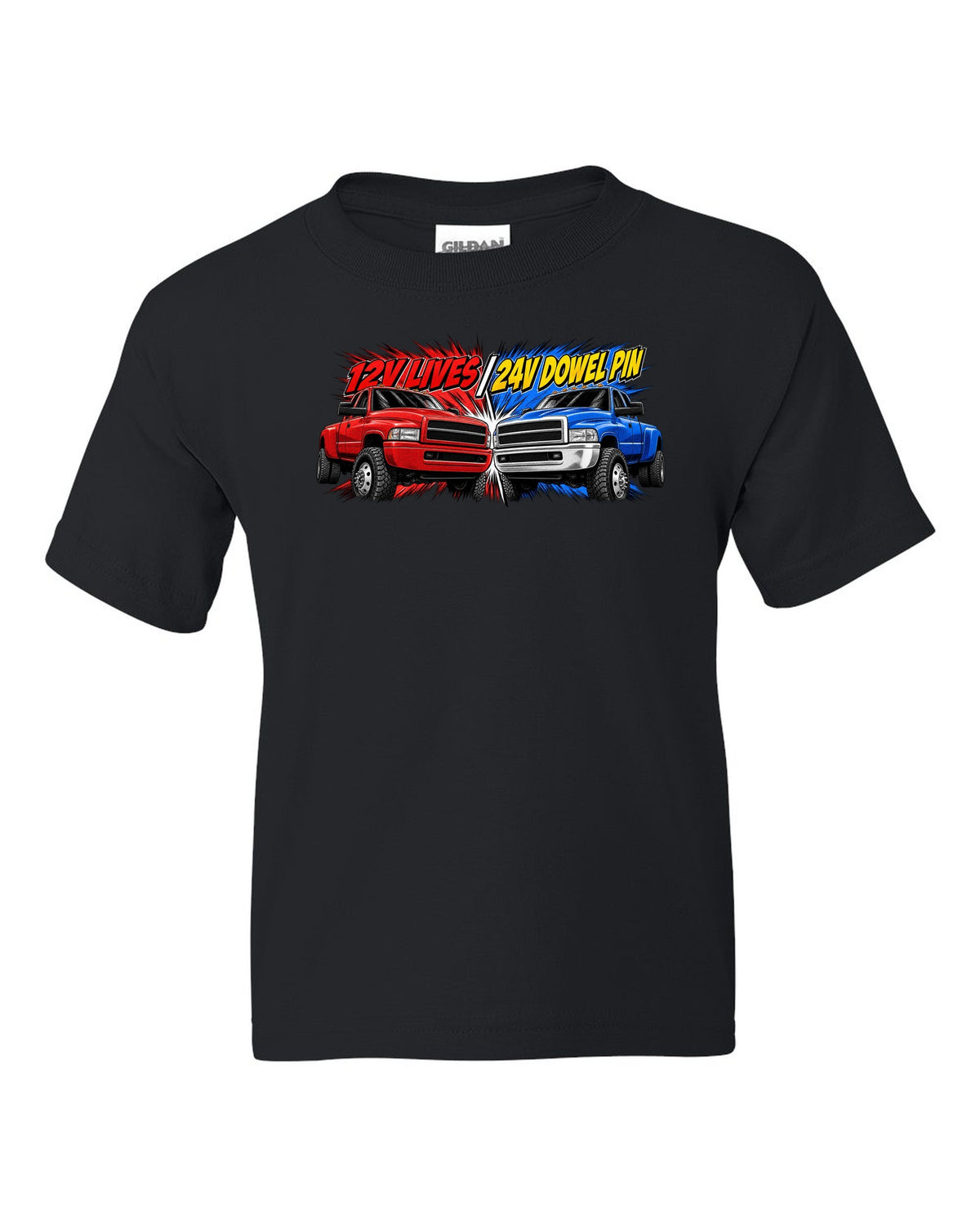 Retro manga halftone print of two Dodge Ram 2nd gen trucks with 12V lives and 24V dowel pin text black kids tee front view with the design