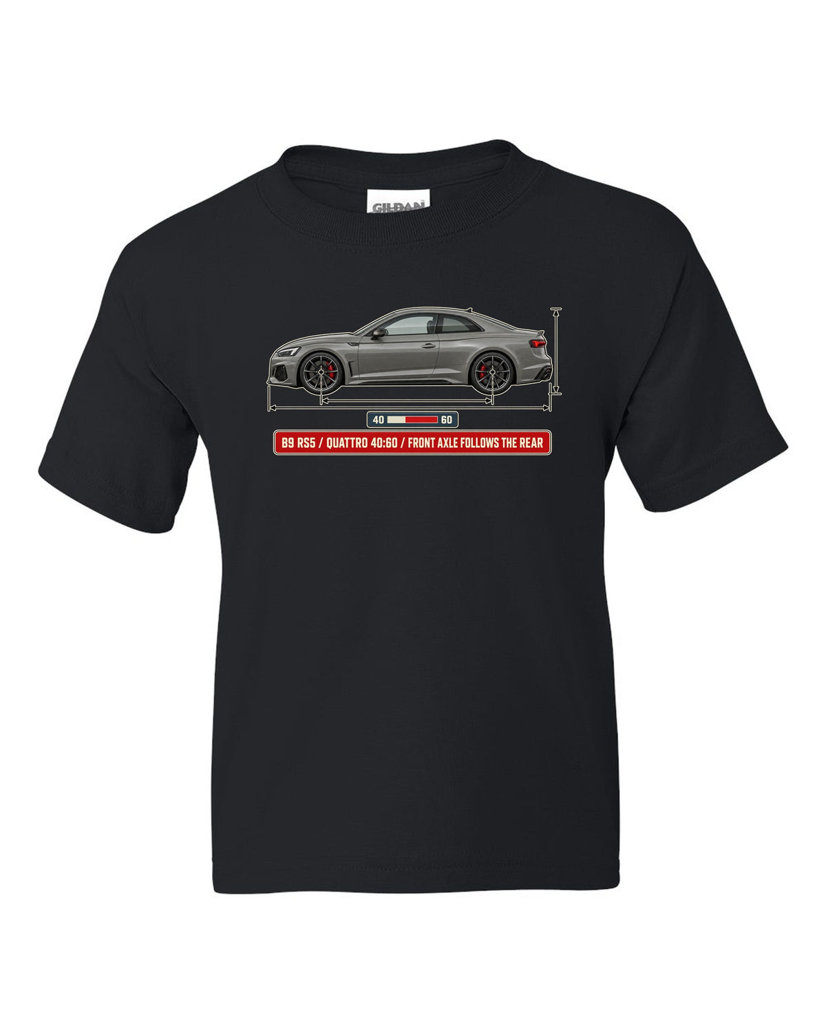 Dimension blueprint of an Audi RS5 Coupe B9 facelift with quattro 40:60 text black kids tee front view with the design